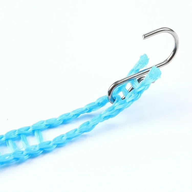 A close-up of a heavy-duty outdoor clothesline made of bright blue cord with a metal hook.