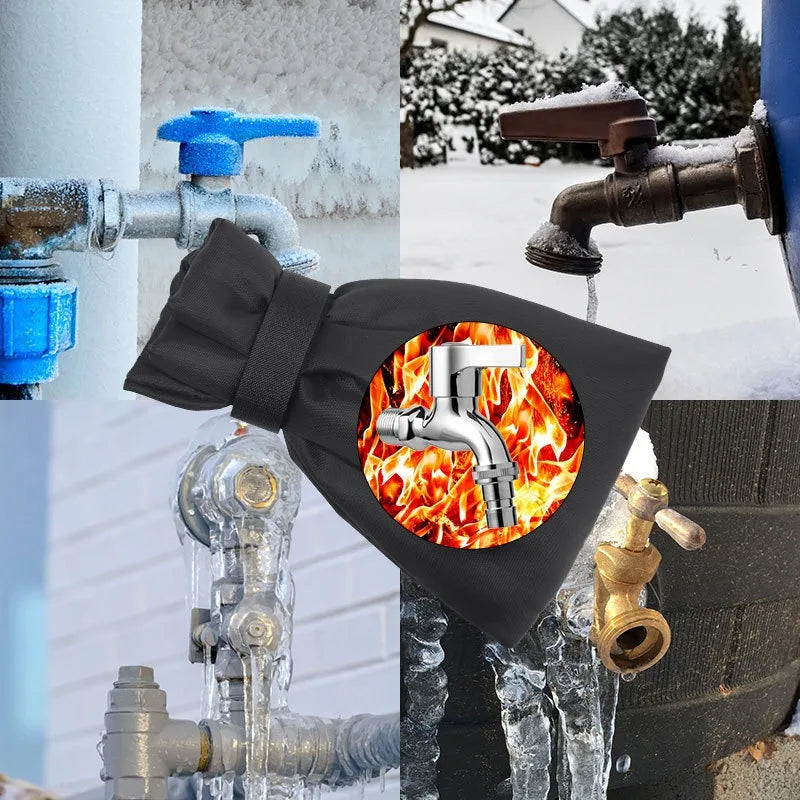 Black faucet cover protecting an outdoor water spigot from winter freeze and ice formation.