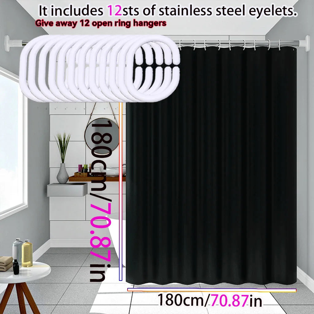 Pure black decorative shower curtain with 12 stainless steel eyelets and open ring hangers displayed in a bathroom setting.