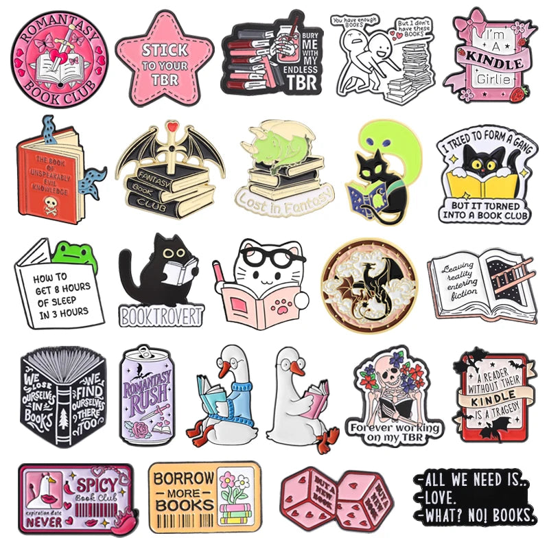 Colección de pines de esmalte con dichos y personajes temáticos de libros para amantes de la lectura