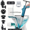 A heavy-duty stainless steel toilet plunger with a blue handle and black components is shown next to its parts.