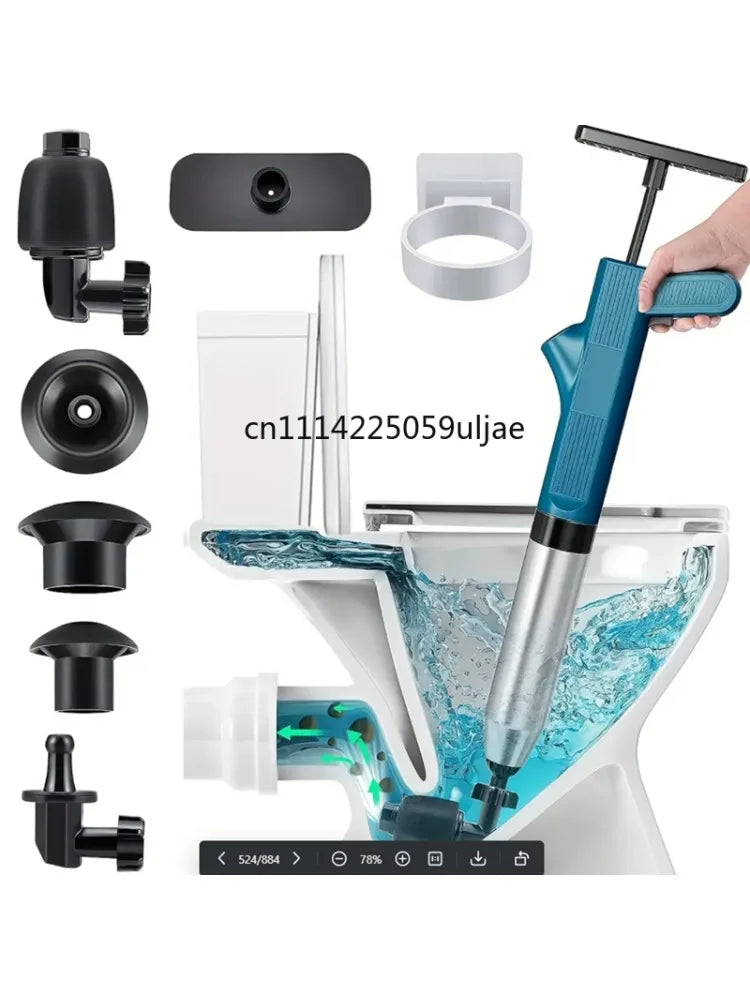 A heavy-duty stainless steel toilet plunger with a blue handle and black components is shown next to its parts.