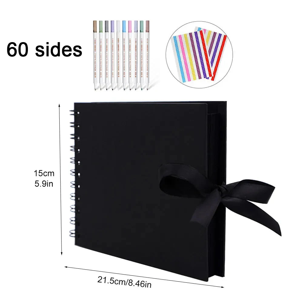 Schwarzes Foto-Scrapbook-Album mit 60 Seiten und farbigen Papierinserts.