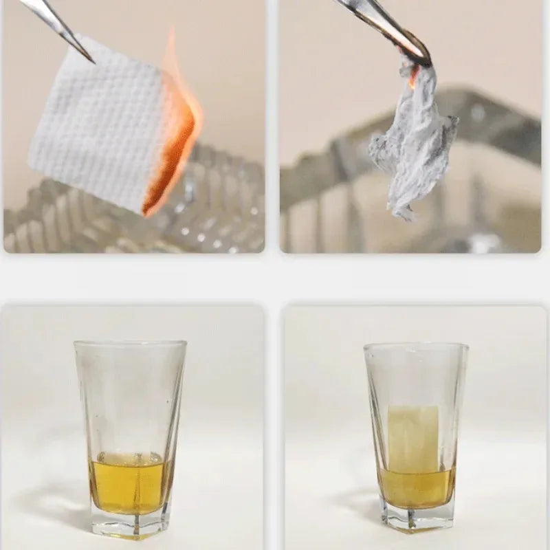 A set of disposable facial cleansing wipes shown in various stages of use and packaged in glass containers.