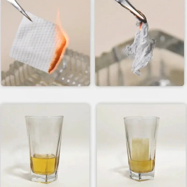 A set of disposable facial cleansing wipes shown in various stages of use and packaged in glass containers.