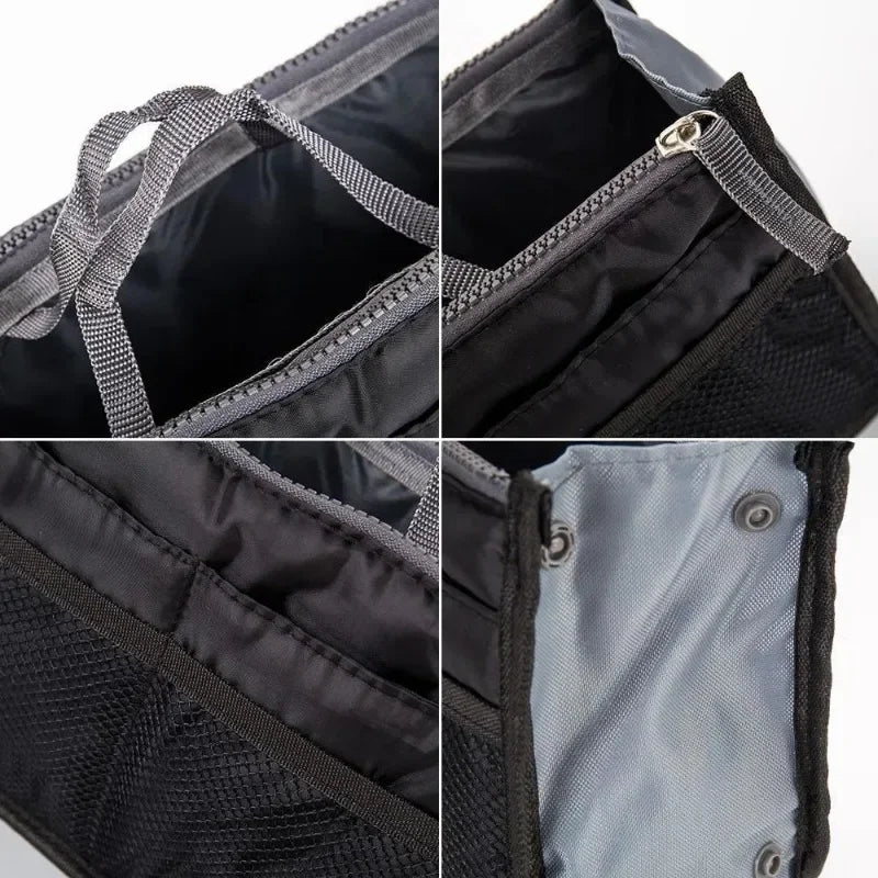 Close-up view of a black foldable cosmetic organizer pouch showing the zipper and interior lining.
