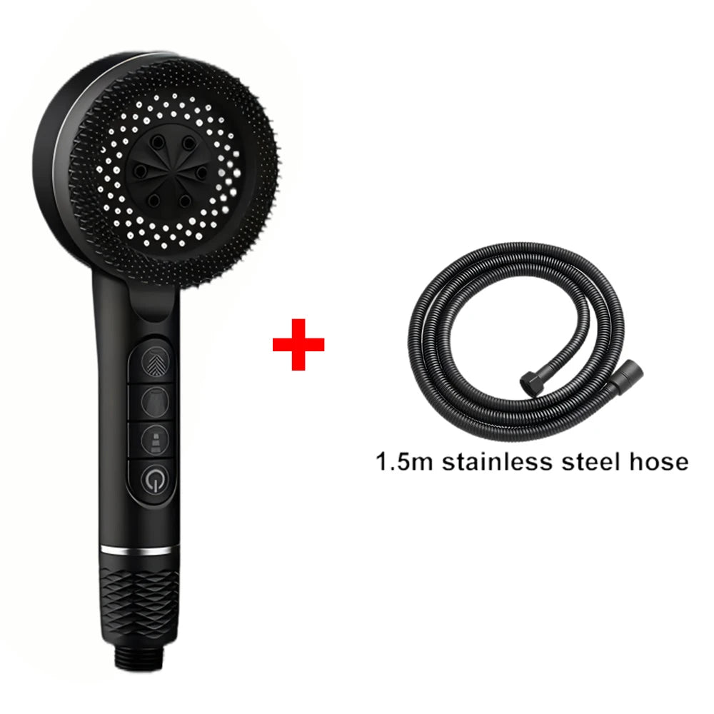 Black high pressure shower head with a hose and cleaning attachments