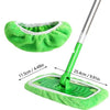 A bright green reusable microfiber swiffer mop cloth with a silver handle and a green cleaning pad.