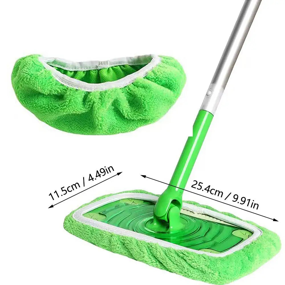 A bright green reusable microfiber swiffer mop cloth with a silver handle and a green cleaning pad.