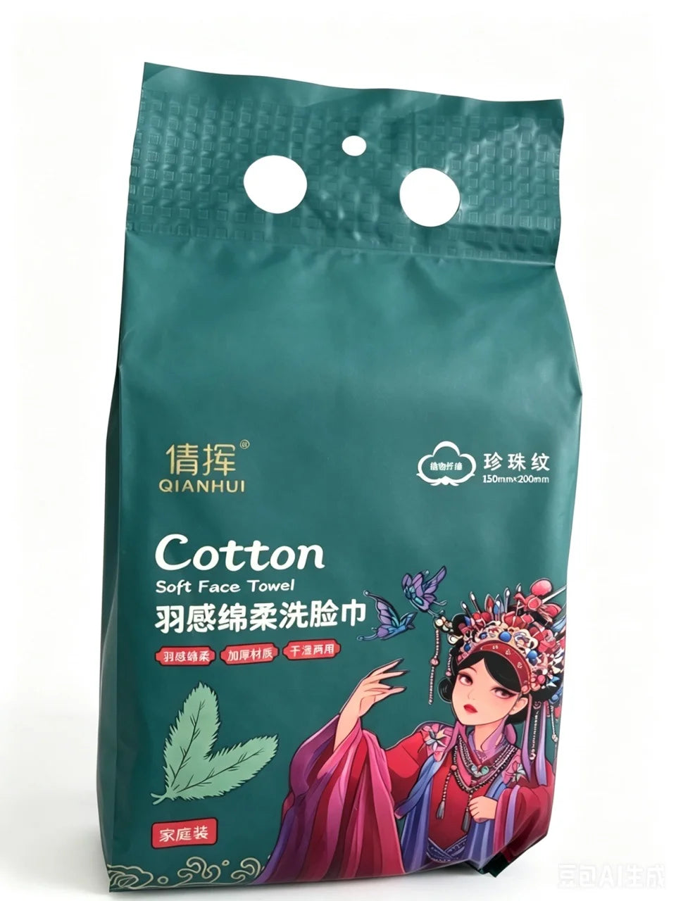 A package of green disposable cotton face towels featuring an illustration of a woman in traditional attire.