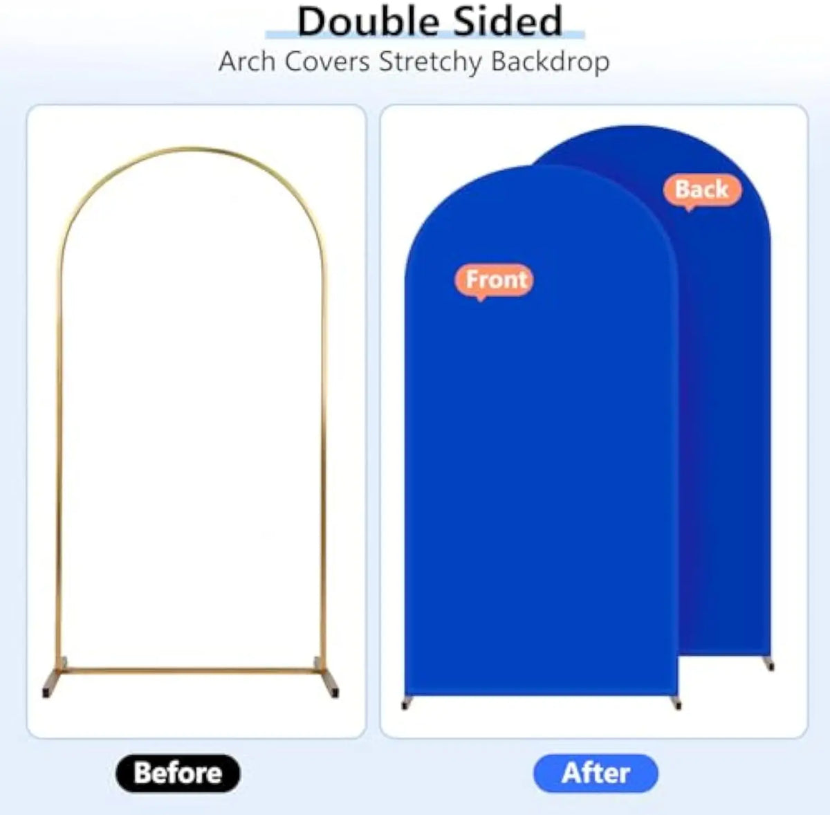 Before and after comparison of a double-sided arch cover stretchy backdrop for events