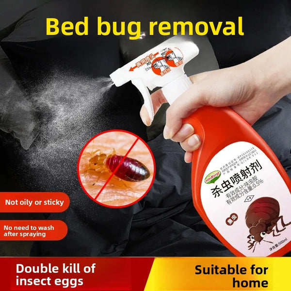 A hand sprays a red liquid insect repellent onto a person's chest, demonstrating bed bug removal.