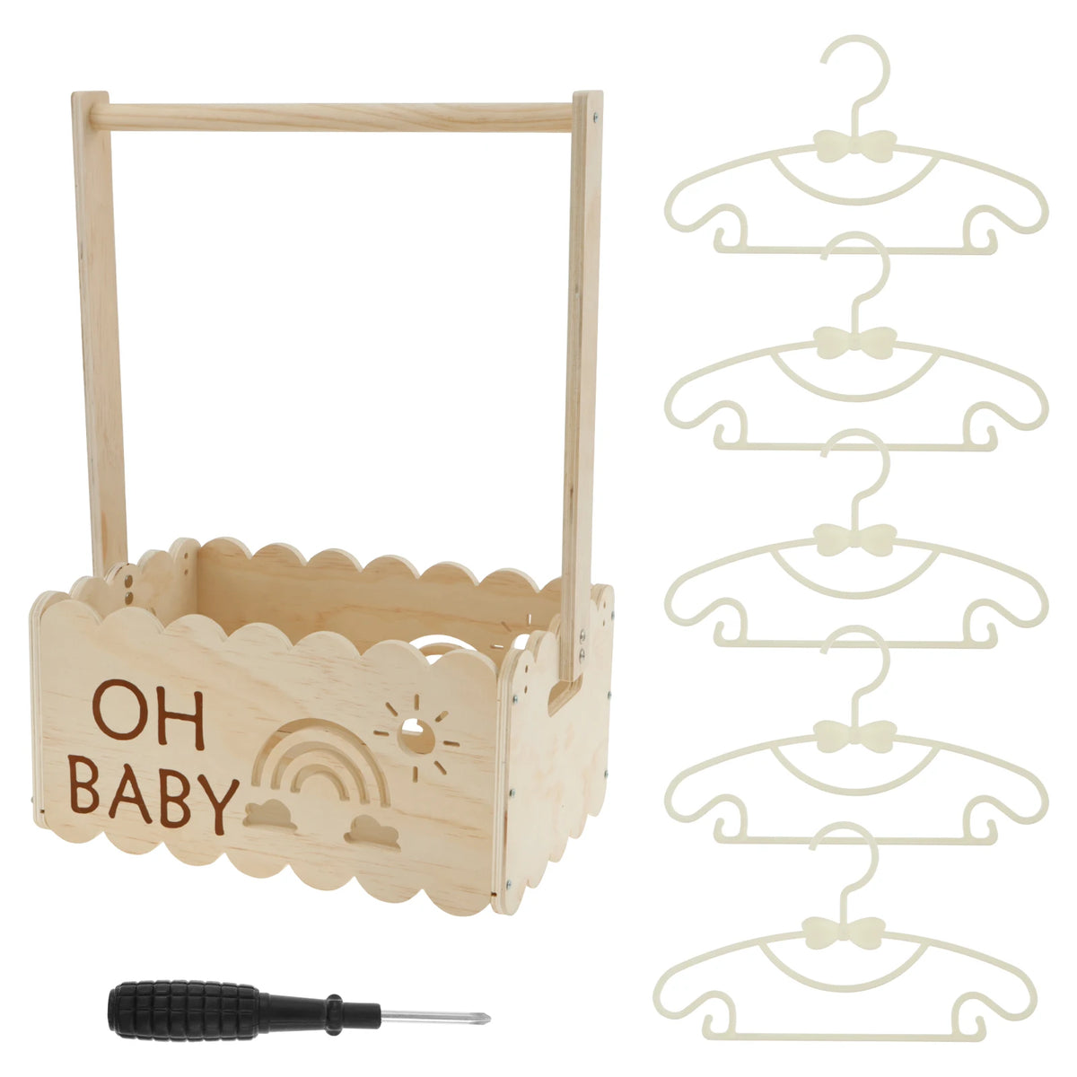 A wooden storage basket with a handle and a set of wooden clothes hangers.