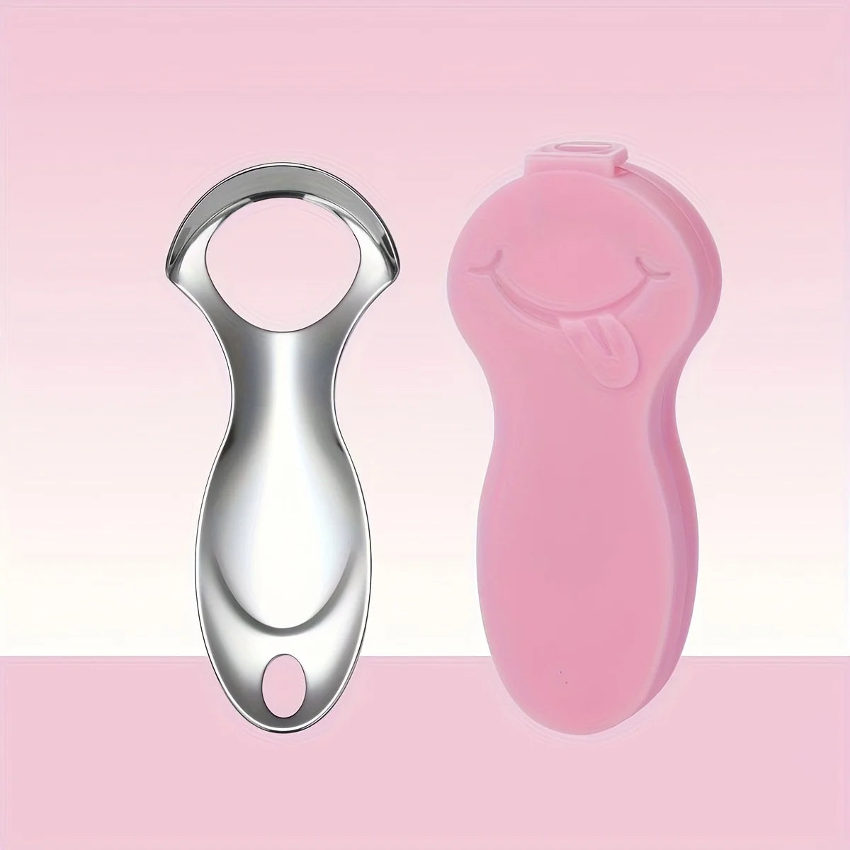 A stainless steel tongue scraper and its pink protective case are shown against a light pink background.
