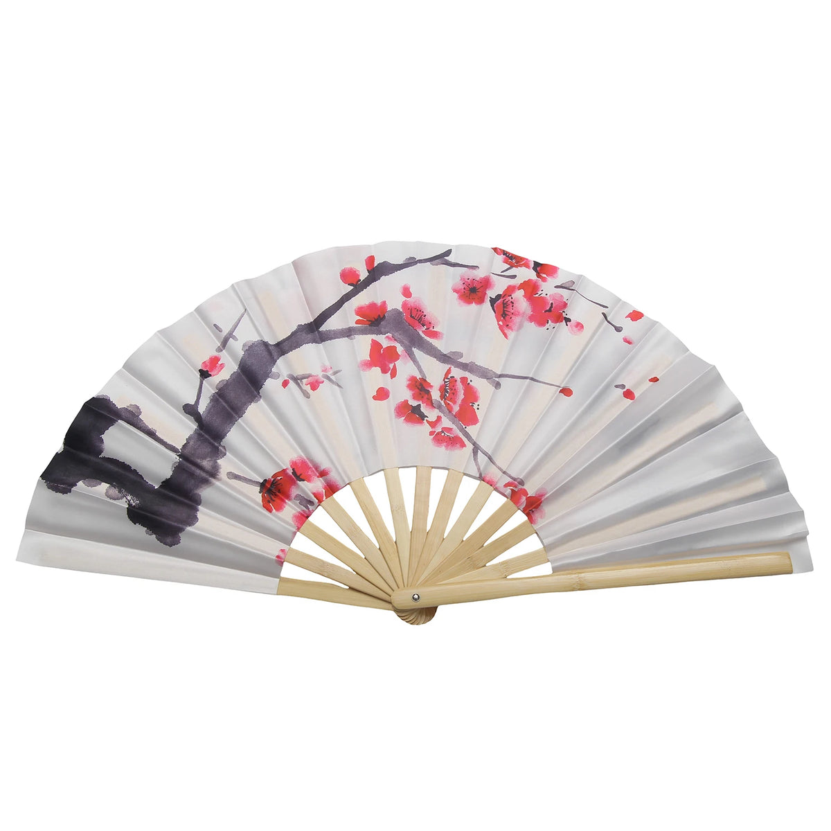 Un éventail de martial arts en bambou traditionnel avec des motifs floraux gris clair et rose.