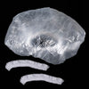 A clear, reusable disposable shower cap for hair protection shown in various forms.