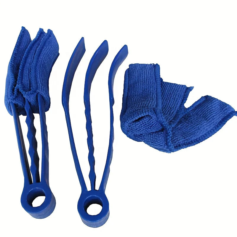 A set of blue reusable household cleaning brushes with flexible handles and loops.