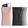 A set of PU leather squeeze eyeglasses cases in various colors including pink, black, olive green, and light blue.