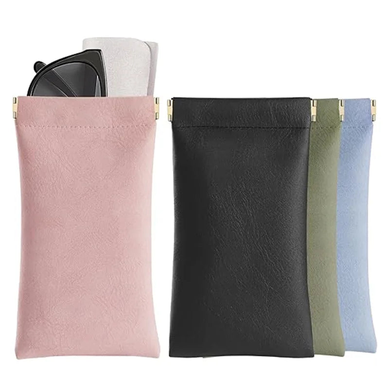 A set of PU leather squeeze eyeglasses cases in various colors including pink, black, olive green, and light blue.