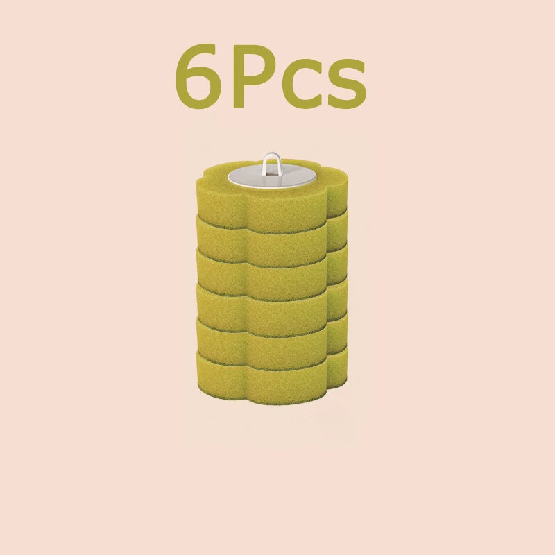 A set of six reusable yellow toilet cleaning brushes stacked vertically.