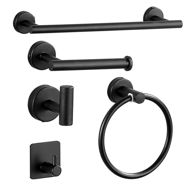 Black heavy duty stainless steel towel rack with a bar and a ring hook.