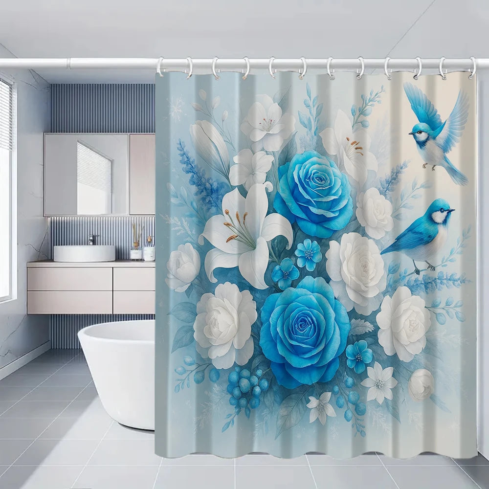 A shower curtain featuring a watercolor floral design of blue roses, white peonies, and a blue bird.