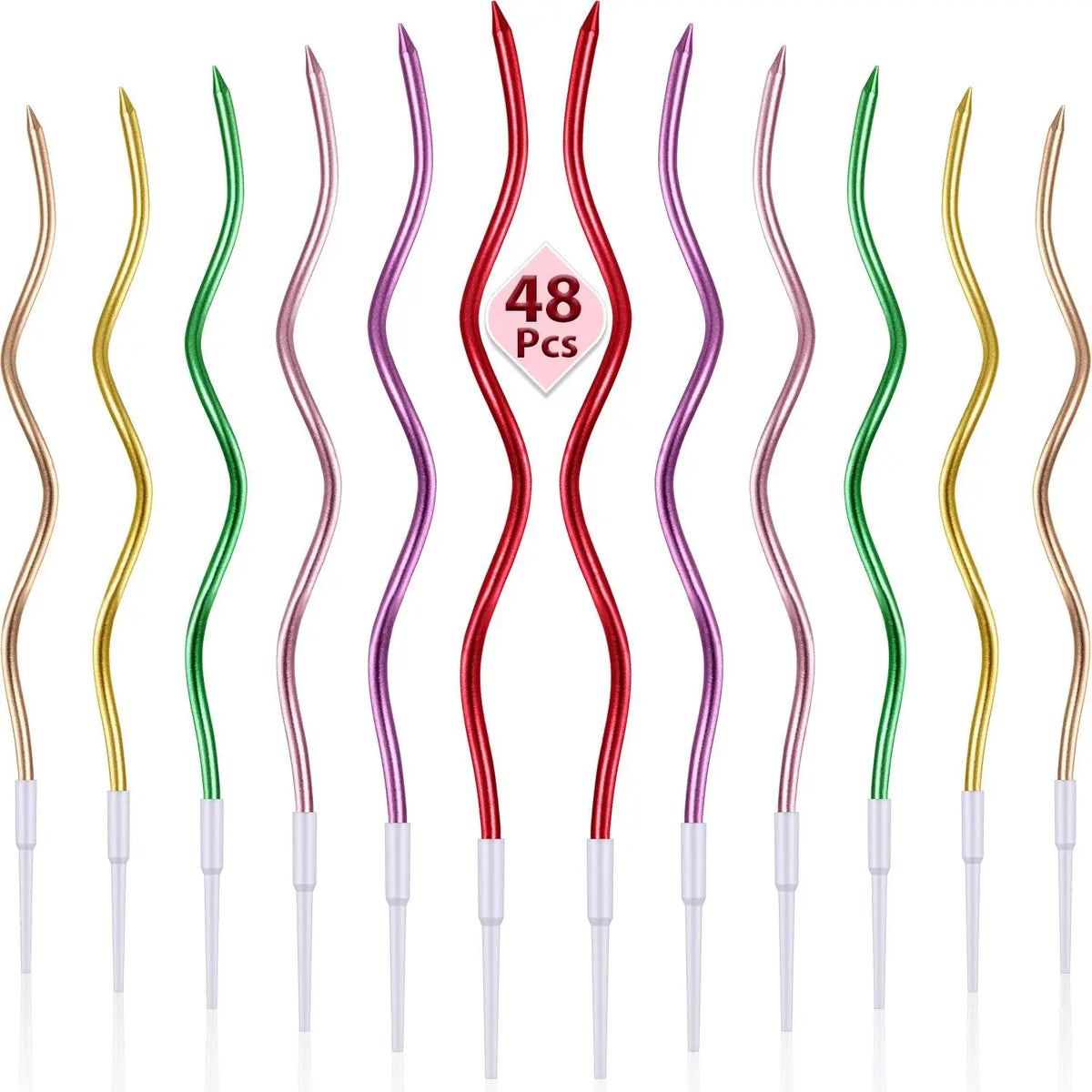 Ein Set von 48 dekorativen Spiralkerzen zum Geburtstag in verschiedenen Farben, darunter rosa, rot und grün.