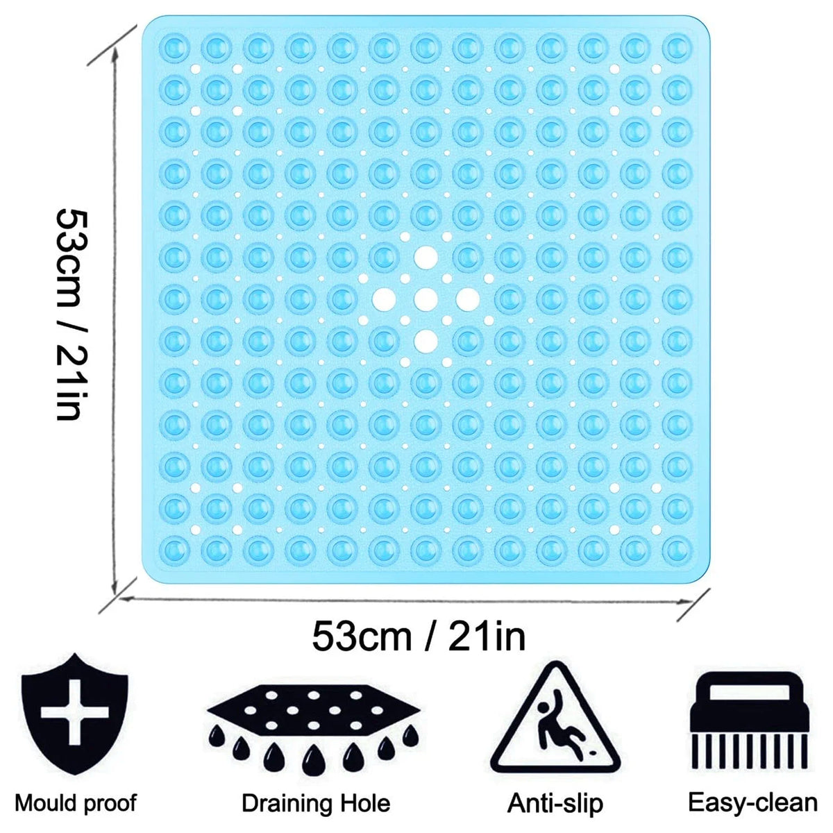 A light blue non-slip shower mat with numerous suction cups and features for mold proofing, drainage, anti-slip, and easy cle