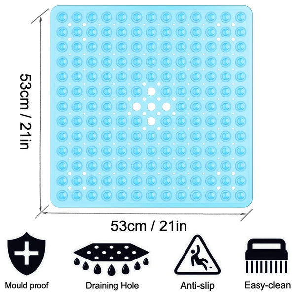 A light blue non-slip shower mat with numerous suction cups and features for mold proofing, drainage, anti-slip, and easy cle