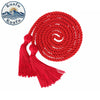Red graduation honor cord with tassel ends coiled and displayed next to a circular logo.