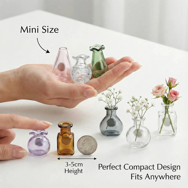 A hand holds various mini glass flower vases and bottles demonstrating their compact design.