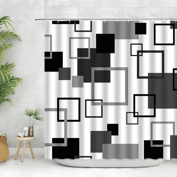 Ensemble de rideaux de douche géométriques modernes avec des motifs carrés noir et gris.