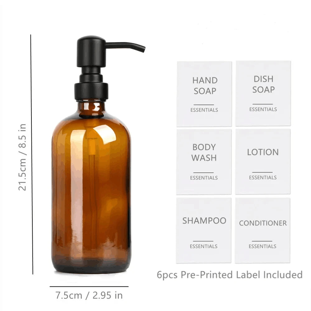 Dispenses de jabón en vidrio ámbar con bombas negras y seis etiquetas preimpresas para jabón de manos, lavavajillas, cuerpo, 