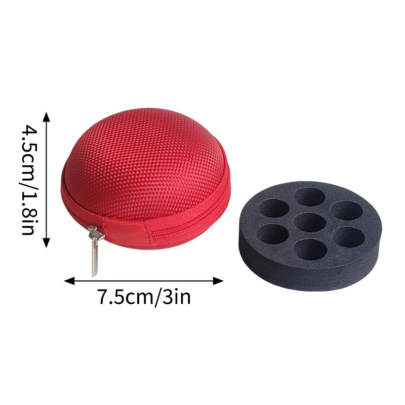 A red, spherical peptide storage case with a threaded pin and a separate black disk with multiple holes.