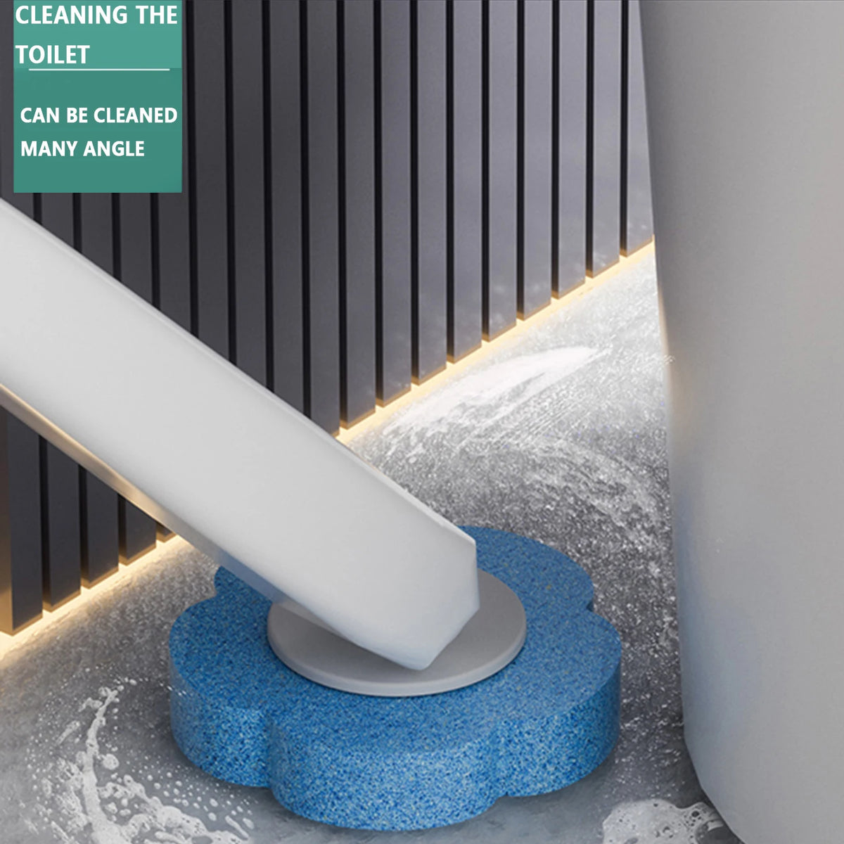 A white toilet brush is shown cleaning a floor with a blue cleaning solution in a bathroom setting.