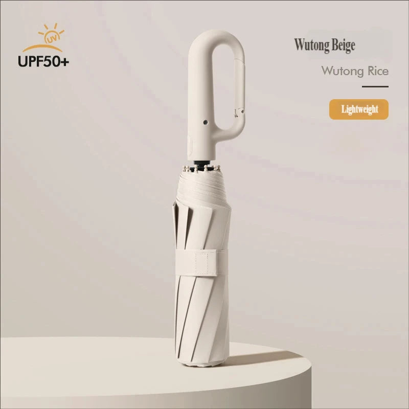 A white large automatic folding umbrella is shown against a light background.