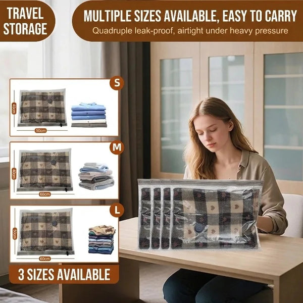 Travel vacuum storage bags in multiple sizes and colors shown next to a woman