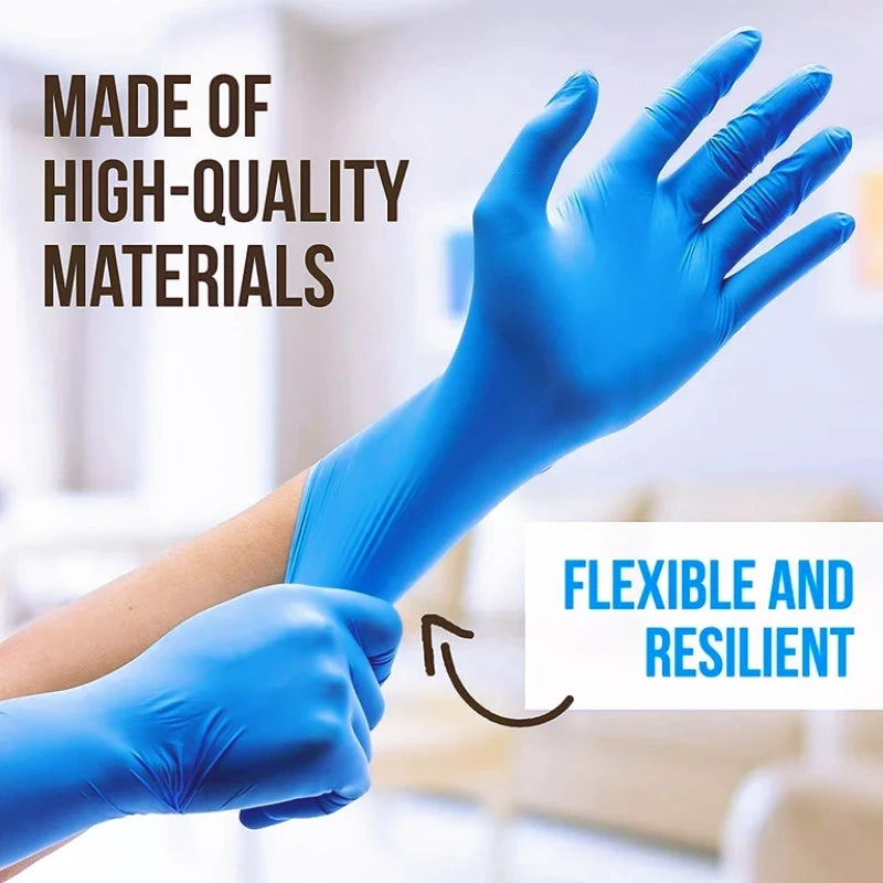 A hand wearing a blue disposable glove is shown, emphasizing the flexible and resilient quality of the high-quality material.