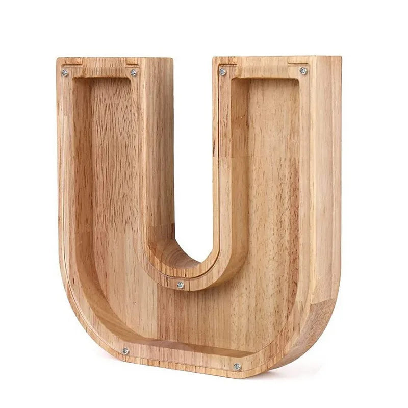 Piggy bank in wood shaped like the letter U for savings.