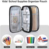 A black organizer pouch for kids' school supplies, showing compartments for pencils, erasers, and markers.