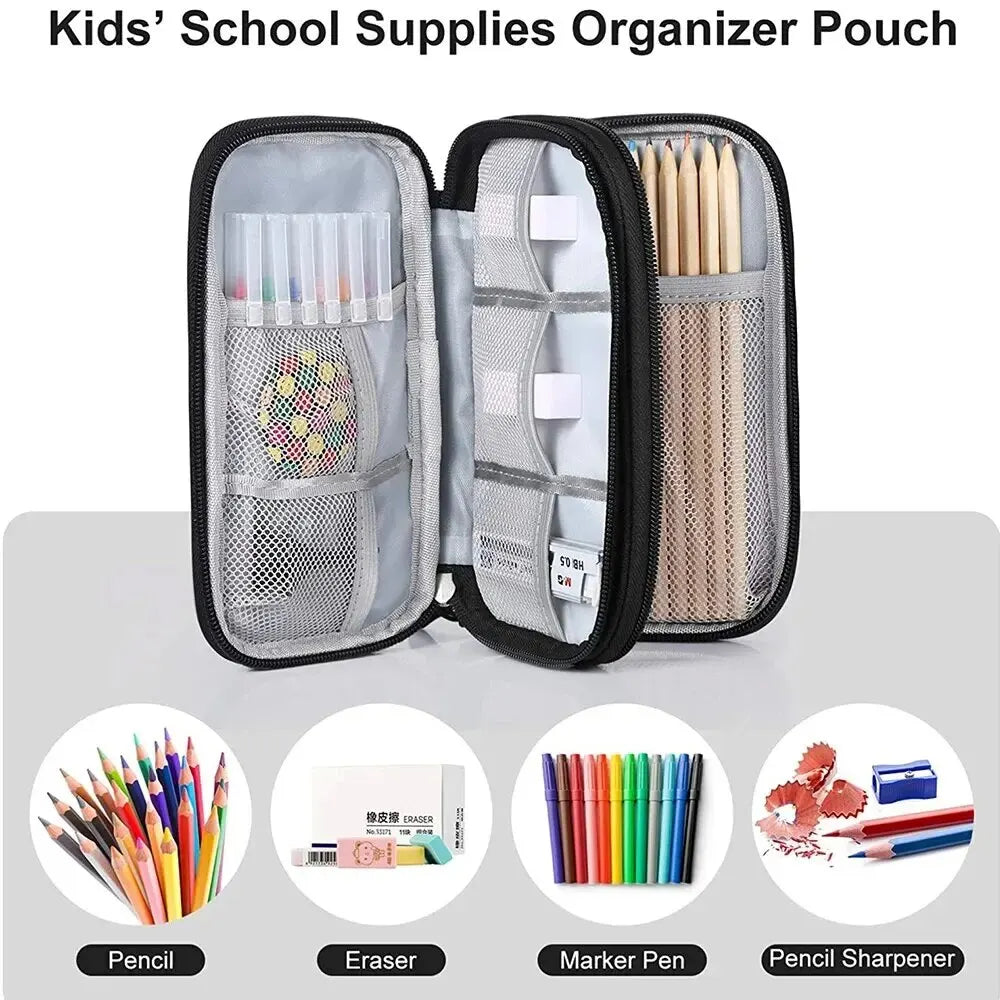 A black organizer pouch for kids' school supplies, showing compartments for pencils, erasers, and markers.