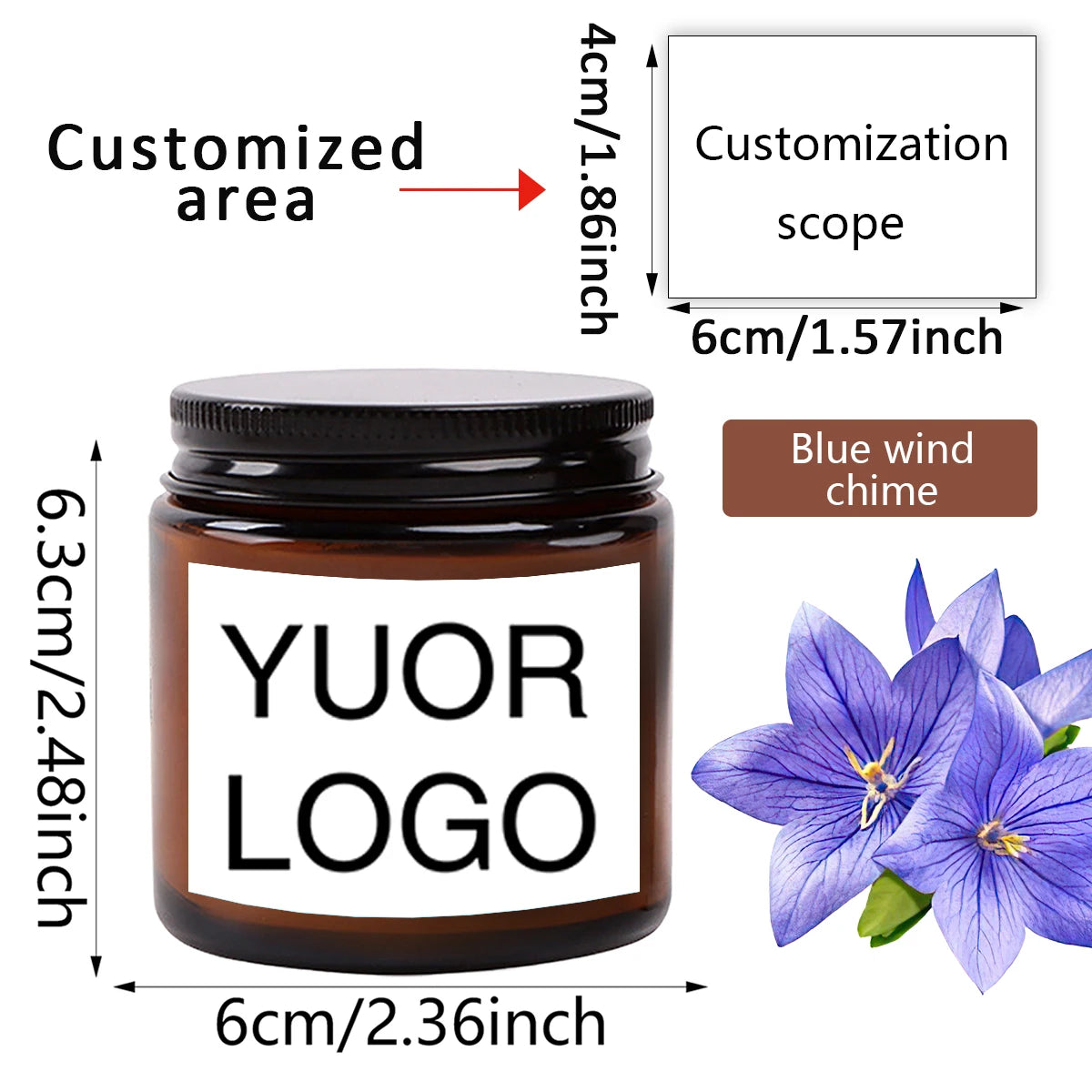 A dark glass jar with a black lid featuring a custom logo and labeled for blue wind chime customization.