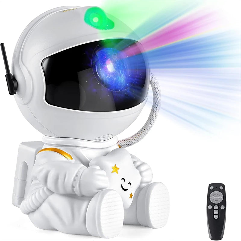 A white astronaut night light projector emitting a colorful light beam onto a starry background.