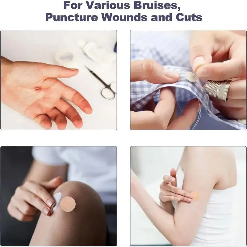 Various first aid bandages are shown on hands, fingers, and an arm for minor wounds.