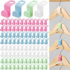 A collection of space-saving hanger connector hooks in various colors and finishes for closet organization.