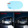 Before and after comparison of anti-fog and rainproof film applied to a car mirror.