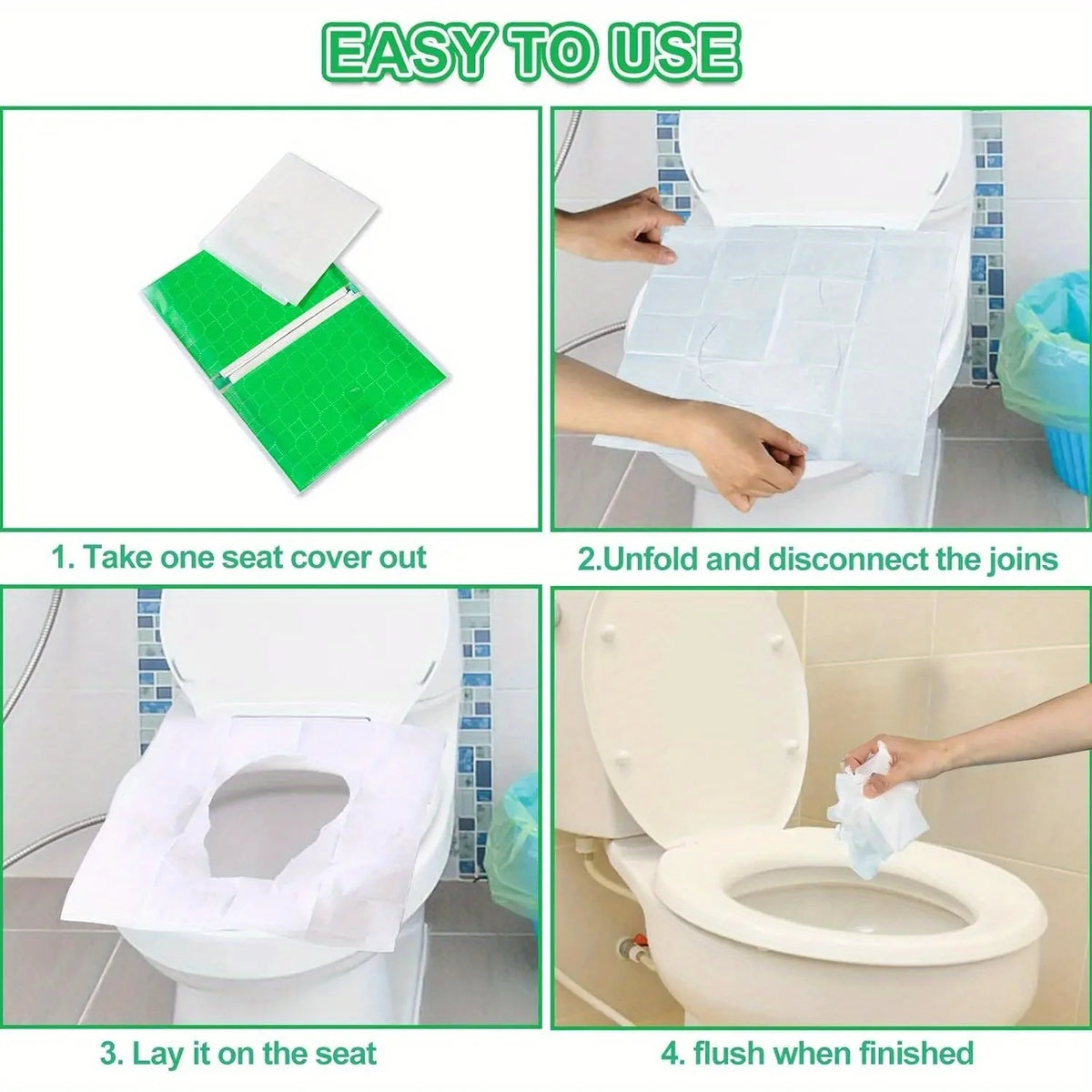 Instructions show how to use disposable toilet seat covers, including taking the cover out, unfolding and disconnecting joint