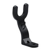 A black versatile multi-use wall hook with a curved shape and a flat mounting plate.