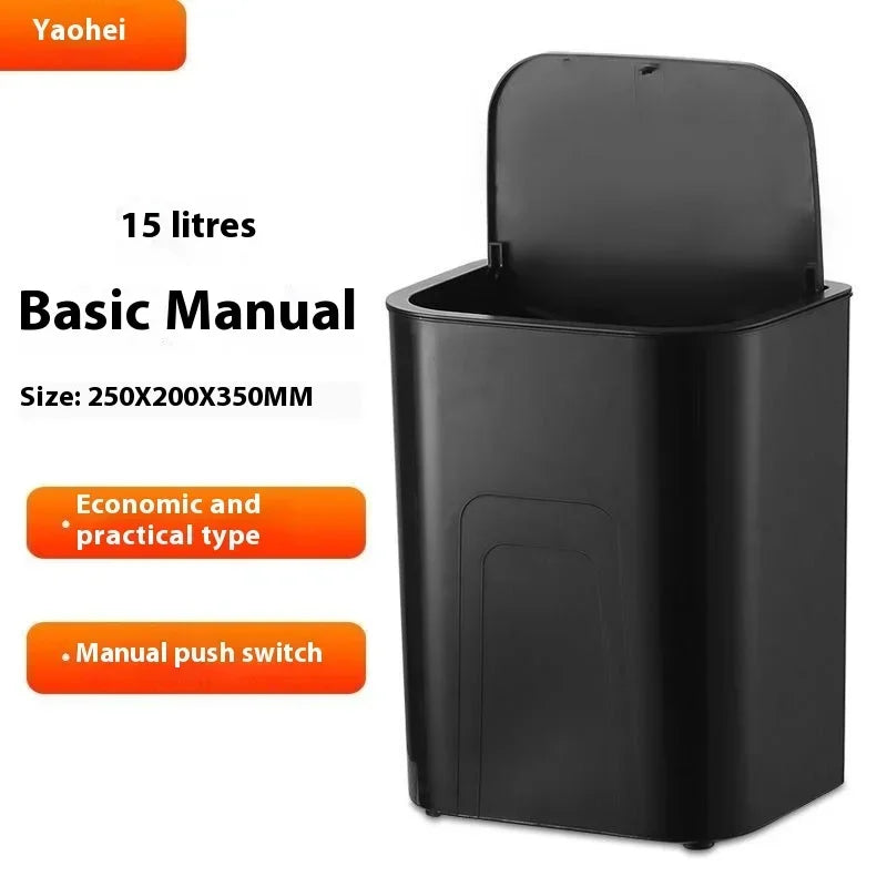 Black 15 liter touchless sensor trash can with lid and manual push switch
