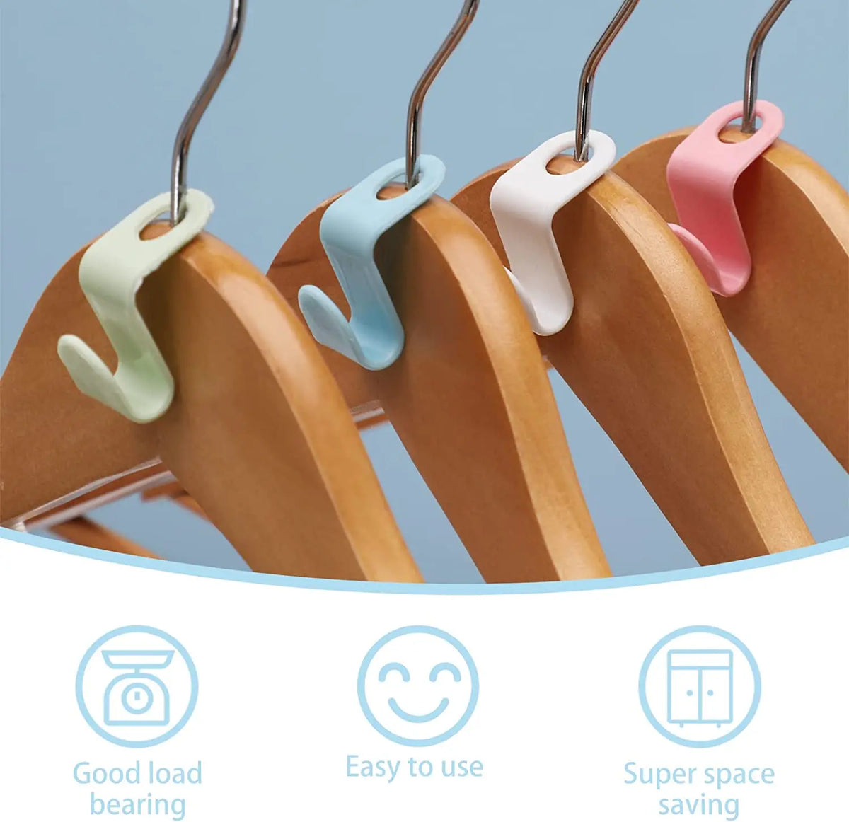 A set of colorful hanger connector hooks shown hanging from a wooden hanger, demonstrating good load bearing, ease of use, an
